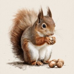 Obraz premium Cute Squirrel Sitting on Ground with Nuts in Its Paws Against a Light Background Capturing Nature's Charm and Whimsy