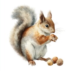 Obraz premium Detailed Close-Up of a Cute Squirrel Holding Nuts with a Fluffy Tail Against a White Background