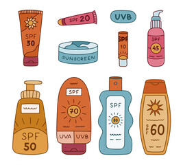 Lovely colored doodle set with different tubes of sunblock. Cute hand drawn cream, spray, lipstick, tube, lotion with SPF protection. Body care cosmetic bottle for sun protection isolated on white.