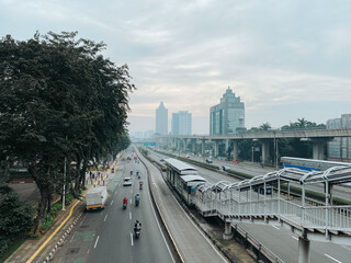Highway or road traffic during weekend in Jakarta, Indonesia.
