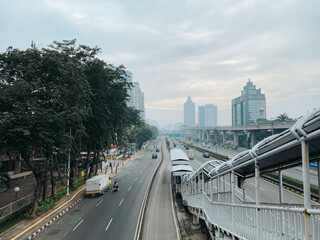 Highway or road traffic during weekend in Jakarta, Indonesia.