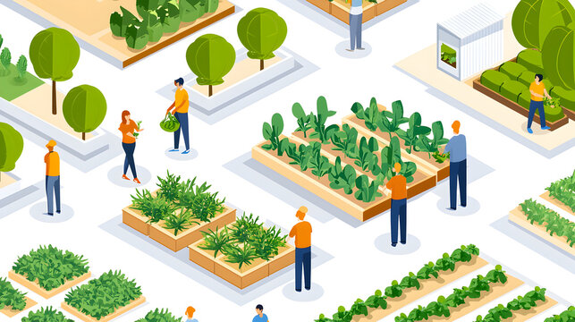 People tending to plants in an urban garden with raised beds and trees, promoting community gardening and sustainable green living.
