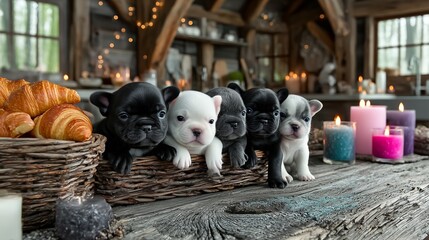 iblack and white French Bulldog puppies are nestled together in a cozy wicker basket. Their sweet faces and curious eyes make for an endearing scene, perfect for conveying warmth and cuteness