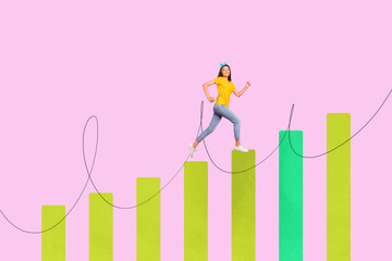 Composite 3d art pop image collage of happy businesswoman businessman climb stand chart progress...