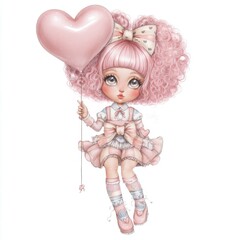 Fototapeta premium Cute girl with pink balloon, pastel colors, curly hair, wearing bow, sweet expression, whimsical art style for children’s themes