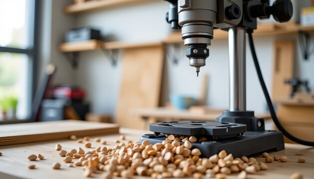 Drill press on a wooden workbench with scattered wood shavings in a workshop setting.