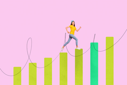 Composite 3d art pop image collage of happy businesswoman businessman climb stand chart progress statistics goal progress