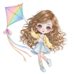 Cute cartoon girl with curly hair holding a rainbow kite in a colorful outfit, enjoying a sunny day outdoors