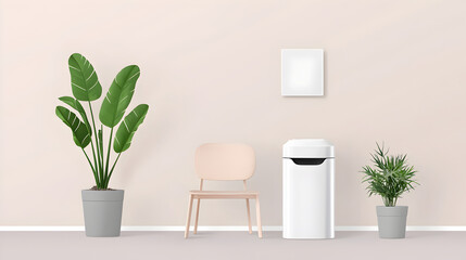 Minimalist Serenity:  A contemporary interior scene showcasing a minimalist composition with a chair, plant, trash, and artwork. Designed to bring calm and serenity to your work or your home. 