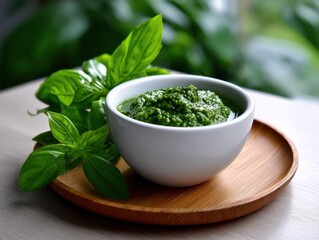Bowl of green pesto sits on a wooden plate