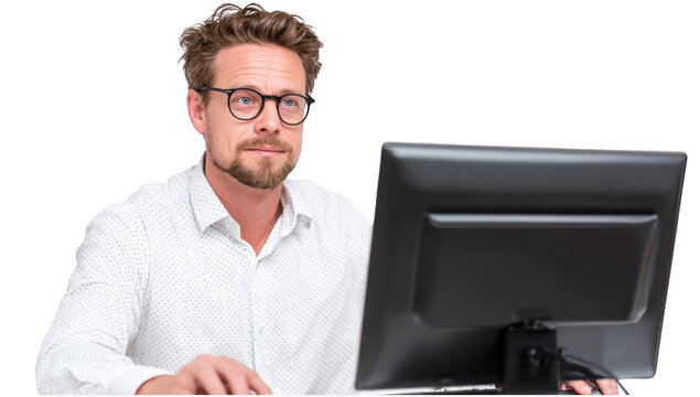 Man focusing on work transparent in png with monitor no background for decoration.