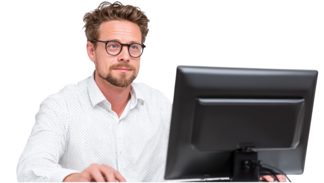 Man focusing on work transparent in png with monitor no background for decoration.