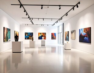 Three dimensional render of Canvas paintings and plastic models arranged in art gallery