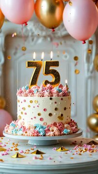 A celebratory 75th birthday cake, adorned with pink and gold decorations, amidst falling confetti.