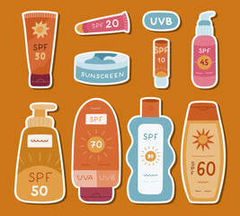 Lovely cartoon sticker sheet with different bodycare tubes of sunblock for planners, notebooks. Ready for print list of hand drawn sticker set ream, spray, lipstick, jar, lotion with SPF protection.