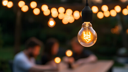 Warm glowing light bulb with blurred background of string lights and two people sitting outdoors.