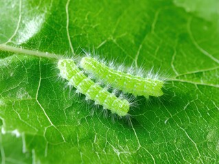 Fototapeta premium Two green caterpillars are crawling on a leaf