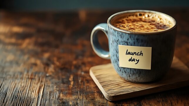 A coffee cup with a 'launch day' note on a rustic wooden table, ready for a new venture.