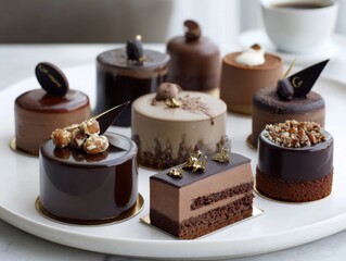 White plate with a variety of chocolate desserts, including cakes and tarts