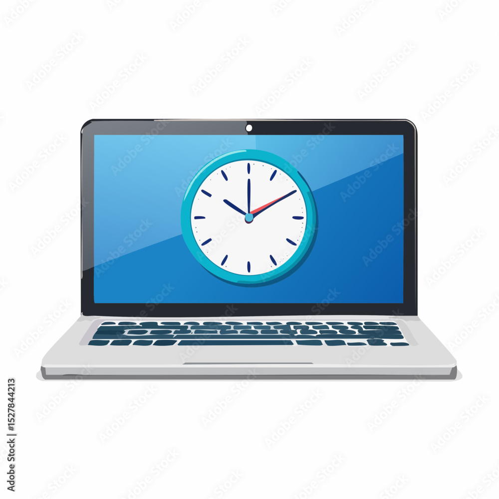 Poster laptop displaying a clock face on the screen to represent time management concept