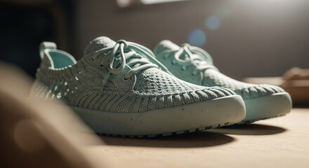 White Knit Sneakers on Wooden Surface in Natural Light