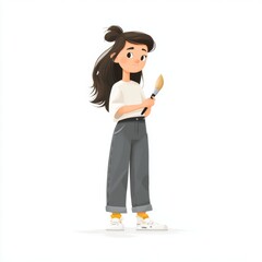 Fototapeta premium Young female artist holding a paintbrush with a thoughtful expression, ready to create colorful artwork in a modern style