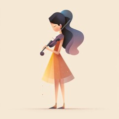 Young girl in stylish dress playing violin with graceful posture and long flowing hair in a minimalist artistic illustration