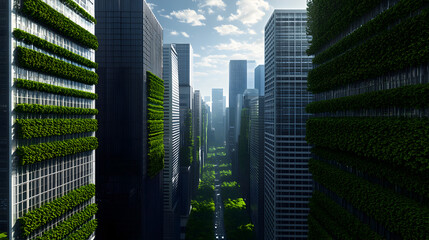 A futuristic cityscape featuring tall skyscrapers with vertical gardens and green spaces integrated into the urban architecture under a partly cloudy sky.