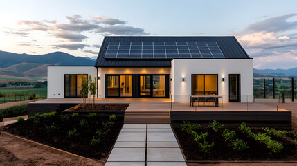 Modern house with solar panels on the roof, large windows, and a clean outdoor patio set against a scenic mountainous backdrop at sunset.