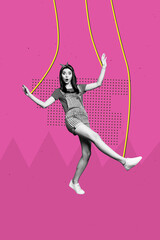 Creative design composite trend artwork collage of young lady shocked face confused hand hold rope...