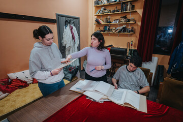 A group of young actors rehearsing backstage in a theatre, collaborating with scripts and props,...