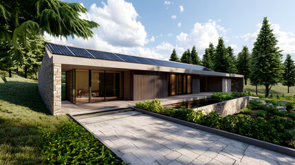 Modern single-story house with solar panels, large windows, and stone facade surrounded by greenery and pine trees under a partly cloudy sky.