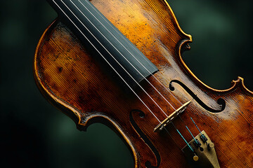 Close-up of a warm, aged violin with visible wood grain and strings against a blurred dark green backdrop