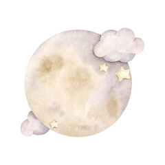 Pink dreams. Watercolor hand-drawn illustration with full moon in clouds and stars in pastel colors. Fairytale illustration for baby girl. For design baby shower, birthday and nursery.