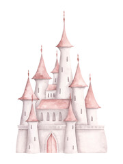 Pink dreams. Watercolor hand-drawn illustration with fairy white princess castle with pink roof. Fairytale illustration for baby girl. For design baby shower, birthday, girls's parties and nursery.