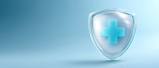 Trustworthy health insurance concept with transparent shield and blue medical cross symbol on light blue background representing protection and care for wellbeing
