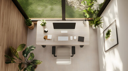A modern, minimalist home office features a wooden desk with a computer, keyboard, mouse, and plants, flooded with natural light and overlooking a grassy outdoor space.