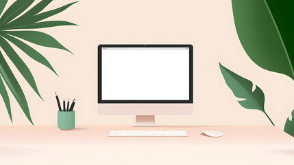 Minimalist workspace with a modern computer, keyboard, mouse, and pencil holder, surrounded by large green leaves on a light beige background.