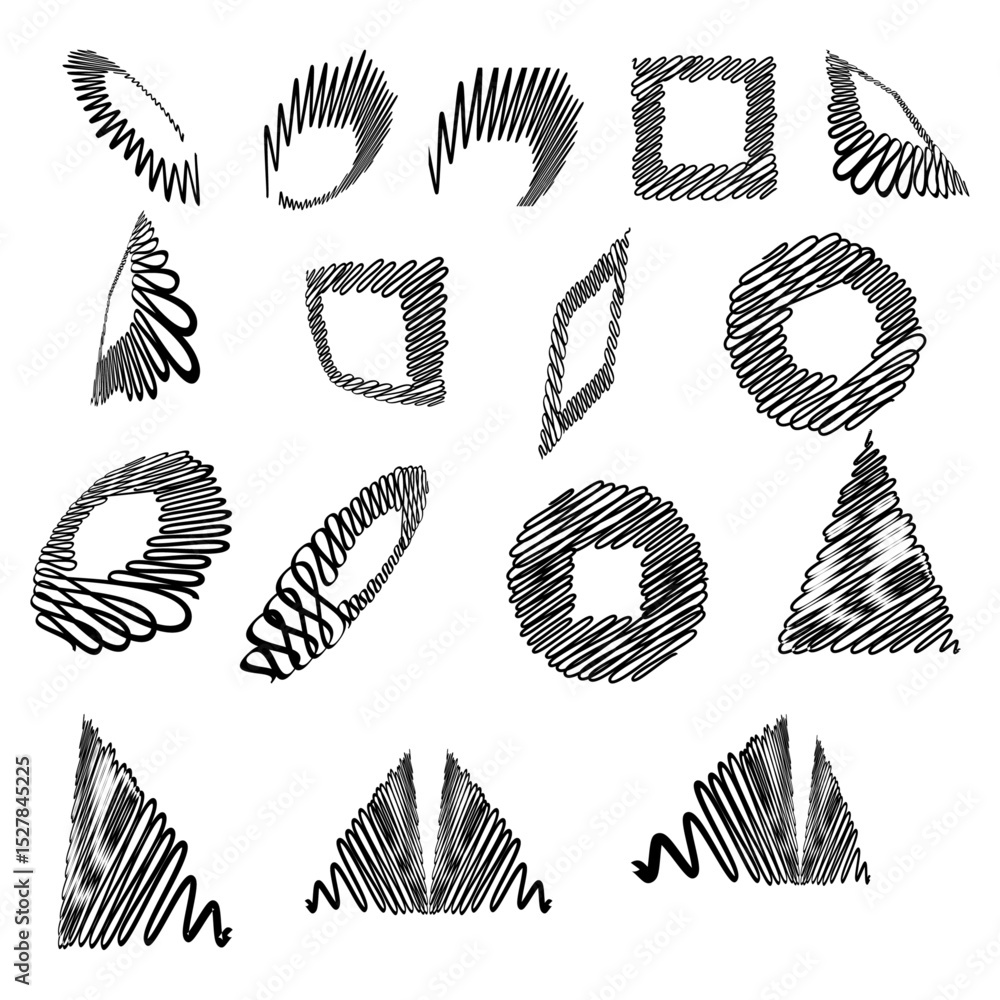 Poster collection of abstract shapes and forms created with scribbled lines in a black and white compositio