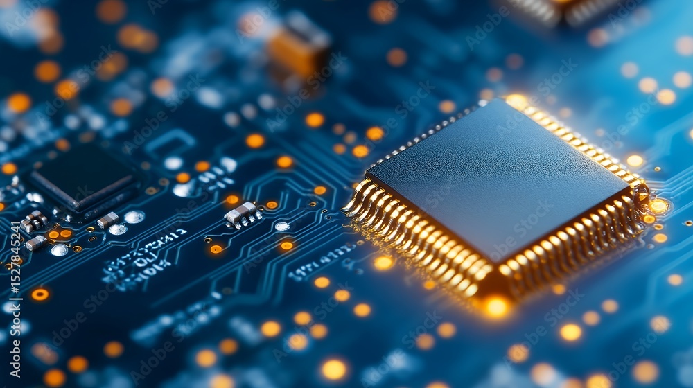 Poster close-up of a microchip soldered onto a circuit board, showcasing intricate electronic components