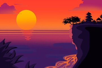 バリ島の断崖に建つ寺院と夕景が広がる旅情あふれる風景 | Scenic Bali Cliffside Temple at Sunset for Travel Promotion