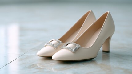 Naklejka premium Elegant pair of creamy color woman's bridal or evening high heel shoes with decorative buckle. Luxury concept for wedding fashion.