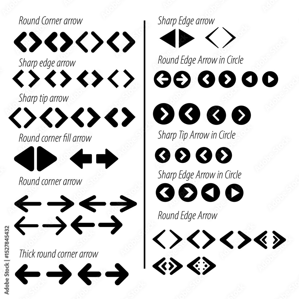 Poster collection of various arrow styles including round corner, sharp edge, and filled arrows shapes desi