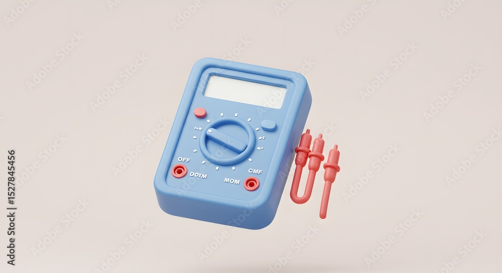 Poster 3d render of a blue multimeter electrical testing device with probes, digital voltmeter, electronic 