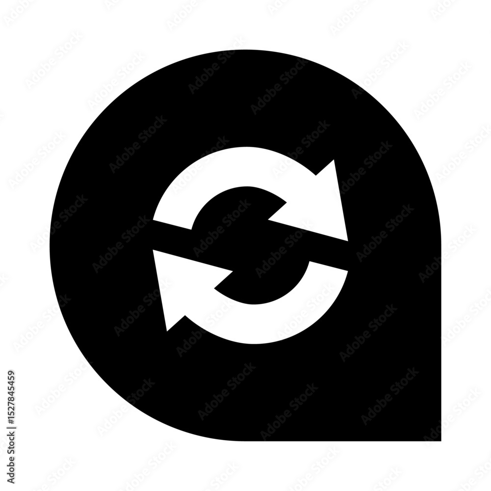 Poster two circular arrows rotating in opposite directions inside a rounded black shape that is asymmetrica