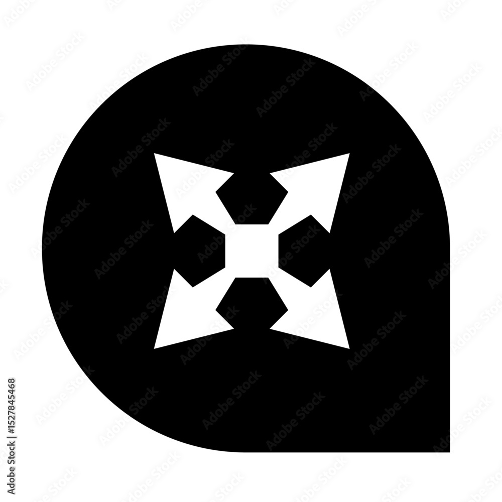 Poster black teardrop shape containing a white icon of four arrows pointing outward from a central hexagon