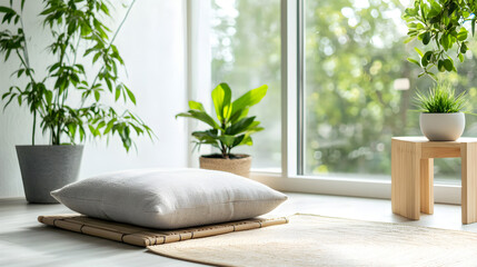 A serene, sunlit room features minimalist decor with green potted plants, a cushion on a bamboo mat, and a light wooden stool, creating a calm and natural atmosphere.