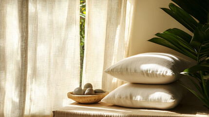 Sunlit corner with natural fabric curtains, cozy cushions stacked on a textured bench, and a wooden bowl with stones next to lush green leaves.