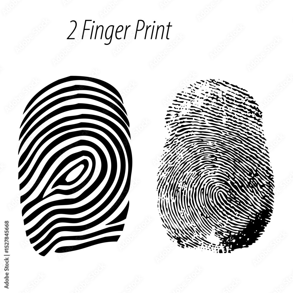 Poster illustration showing two fingerprints side by side with unique patterns and textures on a white back