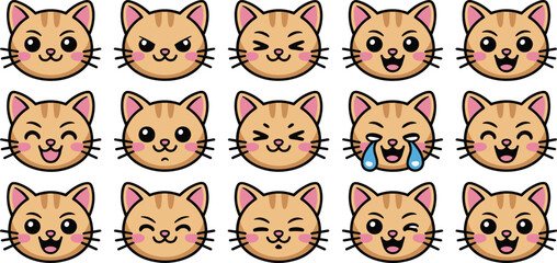 Cute orange tabby cat emoji faces with various expressions, cartoon style vector illustration, adorable animal emotions, kawaii pet icons